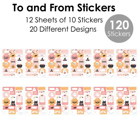 Big Dot of Happiness Pastel Halloween - Assorted Pink Pumpkin Birthday Party Gift Tag Labels - To and From Treat Stickers - 12 Sheets - 120 Stickers {7}