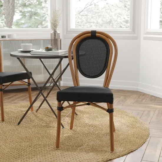 Merrick Lane Mael Stacking Thonet Bistro Style Chair with Textilene Seat and Bamboo Finished Metal Frame for Indoor/Outdoor Use Black&White/LightNat {7}