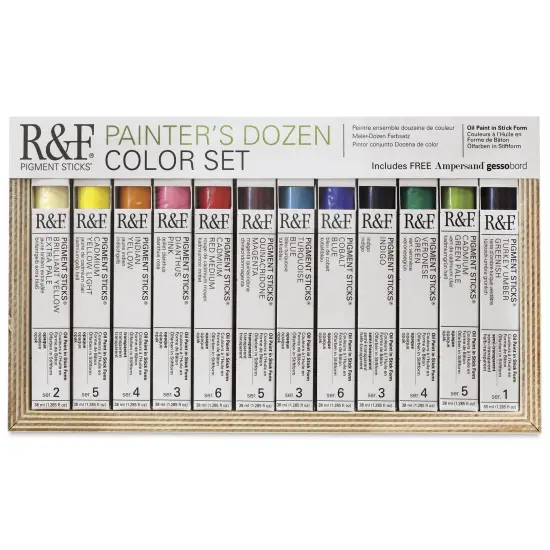 R&F Pigment Sticks - Set of 12 with Gessobord, Painter's Dozen, 38 ml {2}