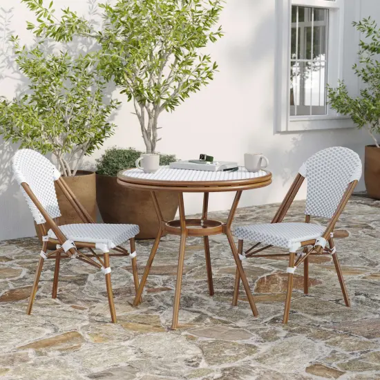 Merrick Lane Celia Bistro Style Table with Tempered Glass Top, PE Rattan, and Bamboo Finished Metal Frame for Indoor/Outdoor Use Black&White/Natural {9}