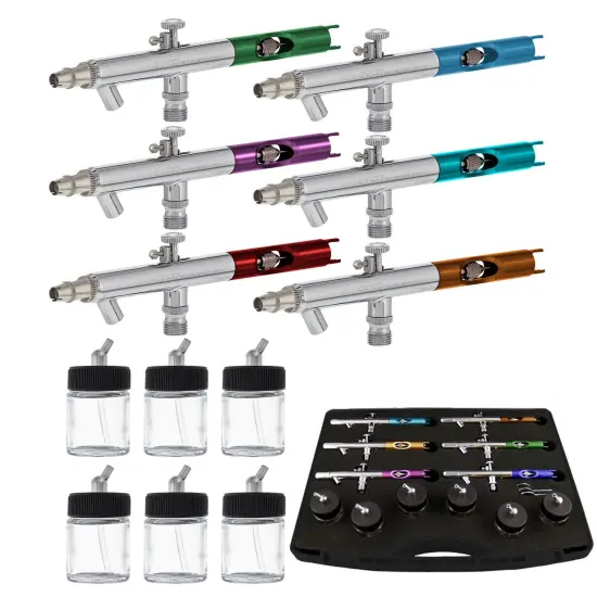6 Master Performance S58 Dual-Action Siphon Feed Airbrushes with 0.35 mm Tips, 3/4 oz. Bottles, Color Coated Cutaway Handles & Storage Case {1}