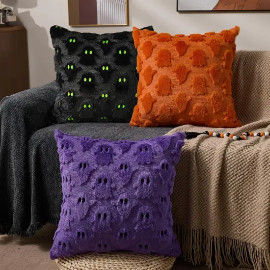 Halloween Pillow Covers 18x18 &ndash; Set of 2 Ghost Faux Fur Cushion Cases for Sofa, Chair & Bedroom Decor {3}