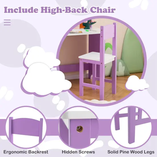 Costway Kids Study Desk with Chair, Whiteboard, Marker, Hutch, Storage Cabinet Purple/White {5}