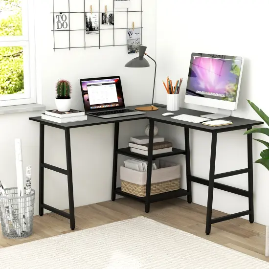 Costway L Shaped Corner Computer Desk Study Table w/Storage Shelves Black/Rustic Brown {2}