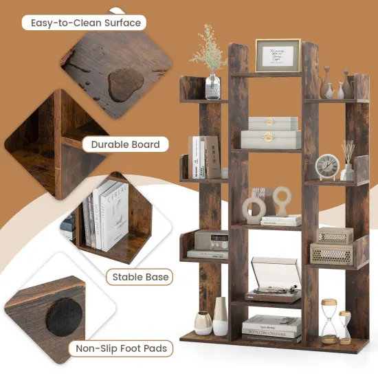 Costway 1/2 PCS Bookshelf Tree-Shaped Bookcase with 13 Storage Shelf Rustic Industrial Style Rustic Brown {6}