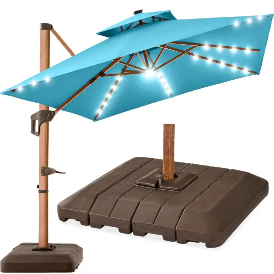 Best Choice Products 10ft Square Woodgrain Pattern 2-Tier Outdoor Solar LED Cantilever Umbrella w/ Base Sky Blue {1}