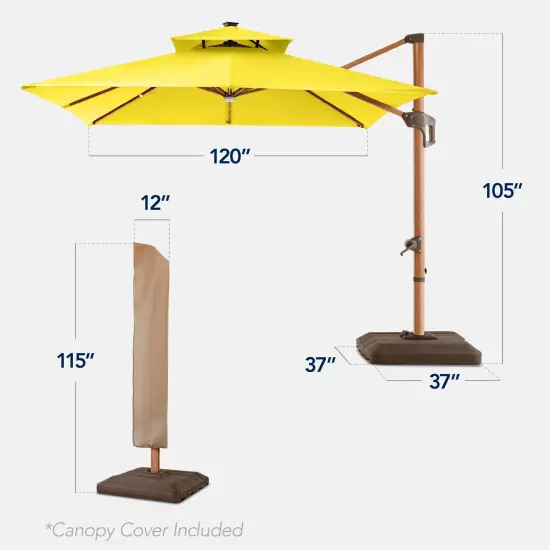 Best Choice Products 10ft Square Woodgrain Pattern 2-Tier Outdoor Solar LED Cantilever Umbrella w/ Base Yellow {2}