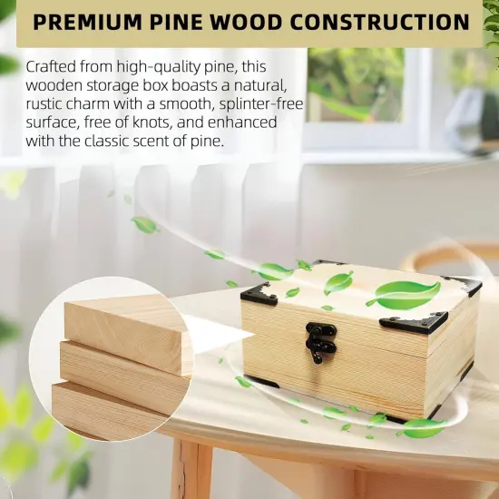 Unfinished Unpainted Wooden Box with Hinged Lid for Crafts DIY, Storage Jewelry Plain Pine Box with 4 Pcs Retro Style Decorative Corner Protectors {3}