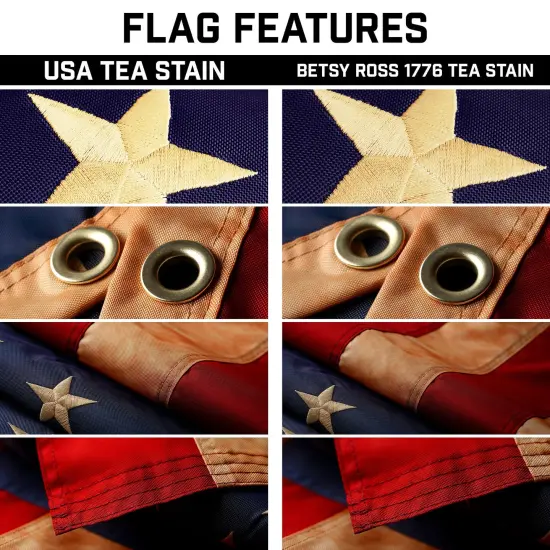 G128 Combo Pack: 20 Ft Telescoping Aluminum Flagpole (Black) & American and Betsy Ross 1776 Tea Stained Flags 3x5 Ft, Both ToughWeave Series Embroidered Polyester | Pole with Flags Included {3}