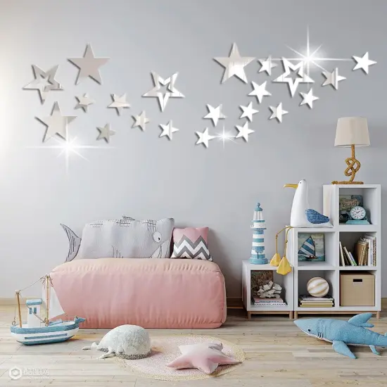 26pcs Stars Acrylic Mirror Wall Stickers 4Sizes Stars Stickers with Adhesive Art Decal 3D Wall Decorations for Baby Kids Bedroom Home DIY Decor (Silver Stars) {1}
