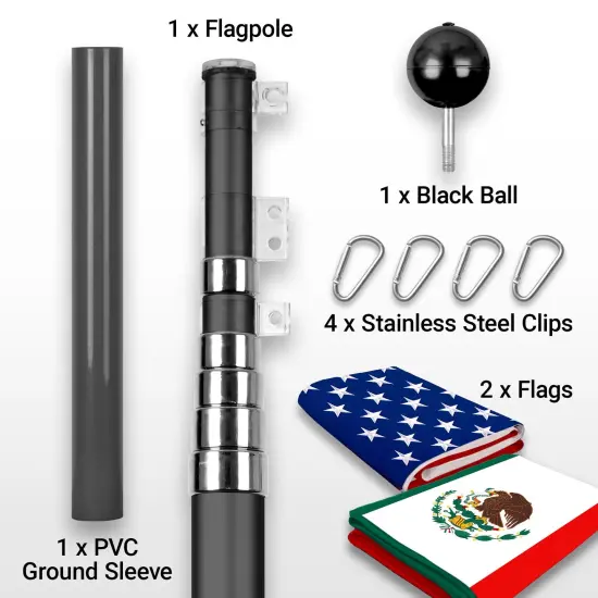 G128 Combo Pack: 20 Ft Telescoping Aluminum Flagpole (Black) & American and Mexico Flags 3x5 Ft, Both ToughWeave Series Embroidered Polyester | Pole with Flags Included {2}