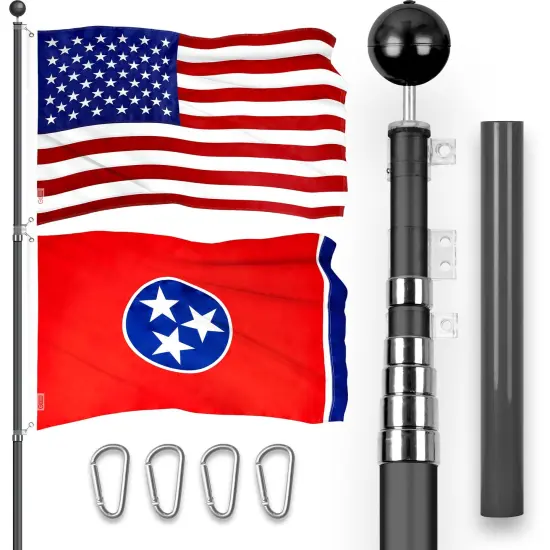 G128 Combo Pack: 20 Ft Telescoping Aluminum Flagpole (Black) & American and Tennessee Flags 3x5 Ft, Both ToughWeave Series Embroidered Polyester | Pole with Flags Included {1}