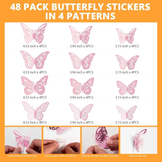 Crosize 48 Pcs Pink Butterfly Decorations, 4 Styles 3 Sizes, Butterfly Wall Decor, 3D Butterfly Party Decorations, Butterflies for Crafts, Bouquet, Cake Decorating, Flower Arrangements, Room Décor {6}