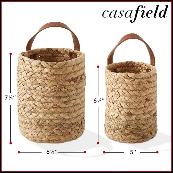 Casafield Set of 2 Water Hyacinth Wall Hanging Baskets with Handles (Small and Large) - Natural, Woven Boho Plant and Flower Storage Pots {3}