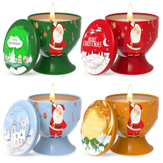 Set of 4 Christmas Santa Claus Snowman Scented Candles Gift Set for Women, Small Natural Soy Wax Decorative Aromatherapy Candles for Home Holiday - Cedar, Vanilla, Apple and Ocean Fragrances {1}