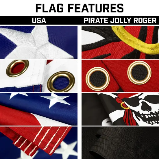 G128 Combo Pack: 20 Ft Telescoping Aluminum Flagpole (Black) & American and Pirate Jolly Roger Head Scarf Flags 3x5 Ft, Both ToughWeave Series Embroidered Polyester | Pole with Flags Included {3}