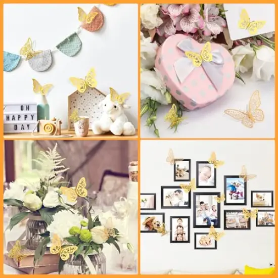 Crosize 48 Pcs Gold Butterfly Decorations, 4 Styles 3 Sizes, Butterfly Wall Decor, 3D Butterfly Party Decorations, Butterflies for Crafts, Bouquet, Cake Decorating, Flower Arrangements, Room Décor {2}