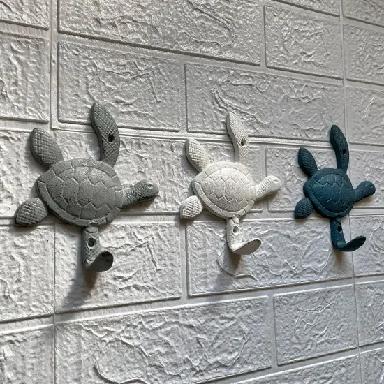 Cast Iron Sea Turtle Wall Hook Set – Blue, Gray, White, Indoor/Outdoor Use {5}