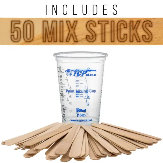 TCP Global 10 Ounce (300ml) Disposable Flexible Clear Graduated Plastic Mixing Cups - Box of 100 Cups & 50 Mixing Sticks - Use for Paint, Resin, Epoxy {5}