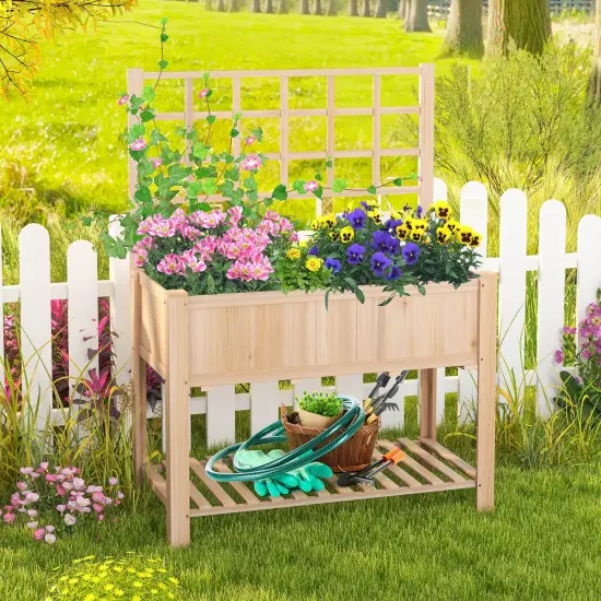 Costway Raised Garden Bed Elevated Wooden Planter Box with Trellis & Open Storage Shelf {2}