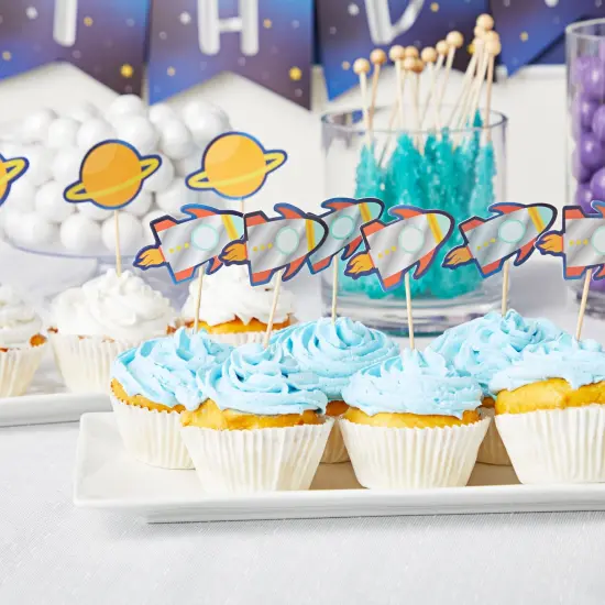 102 Piece Outer Space Birthday Party Decorations with Galaxy Backdrop, Banner, Backdrop, Balloons, Hanging Swirls, Cupcake Toppers Blue {3}