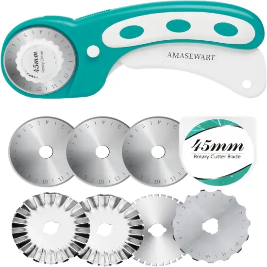 45mm Rotary Cutter for Fabric with 8pcs Rotary Blades, Rolling Fabric Cutter Crochet Edge Skip Stitch Blade Perforating Rotary Cutter, Pinking Rotary Cutter for Quilting Crafts Sewing {1}