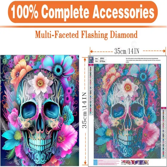 Skull Flower Diamond Painting Kits for Adults, Sugar Skull Diamond Art Kit Beginners DIY 5D Full Drill Round Skeleton Diamond Painting Gem Art for Home Wall Decor Gift 13.78 X 13.78 Inch {2}