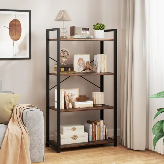 Rustic Brown 4-Tier Bookshelf with Heavy Duty Metal Frame Perfect for Any Room {2}