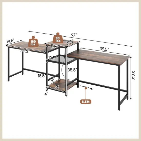 2-Person Computer Desk with Power Outlet and Printer Stand-Rustic Brown {5}