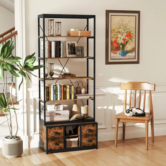 Rustic Brown 8-tier Bookshelf with 4 Fabric Drawers and Heavy-Duty Metal Frame {2}