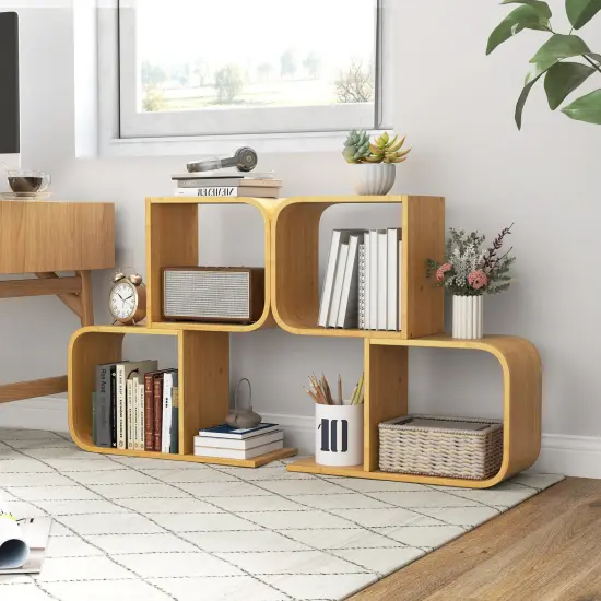 2-Tier S-Shaped Wicker Bookcase with 2 Open Cubes Perfect Addition for Living Room {6}