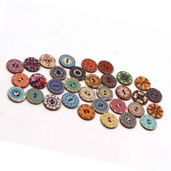 100pcs Mixed Random Flower Painting Round 2 Holes Wood Wooden Buttons for Sewing Crafting 20mm {5}