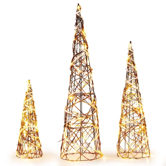 Set of 3 Lighted Rattan Cone Trees with LED Lights and Metal Frame {4}