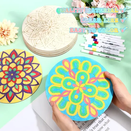 22 Pack DIY Wooden Mandala Art Set 10 Mandala Unfinished Wood Cutouts 12 Markers Lotus Flower Wood Painting Kits for Adults Painting, DIY Crafts Home Decors(Abstract Style) {5}