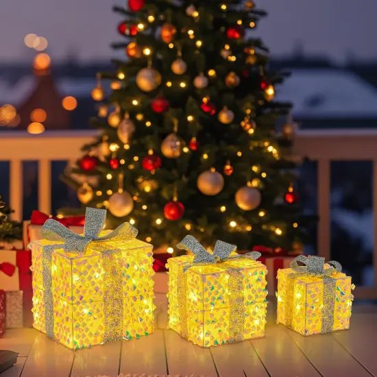 Set of 3 Christmas Lighted Gift Boxes with Pre-lit 90 LED Light and Bows {5}