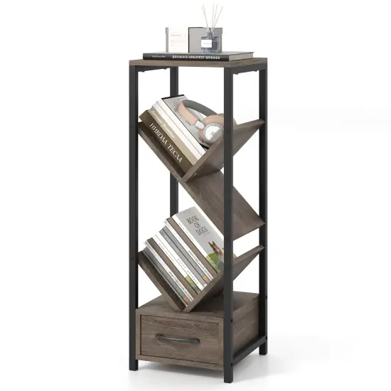 Grey 4 Tier Floor Tree Bookshelf with Drawer and Metal Frame Perfect for Any Room {4}