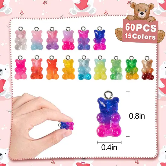 60pcs Gradient 3D Gummy DIY Bear Charms- Resin Bear Shaped Clay Pendants in 15 Colors Earring Bracelet Nacklace DIY Jewelry Making Pendants Nail Art Accessory for Adults DIY Handmade Crafting Gifts {3}