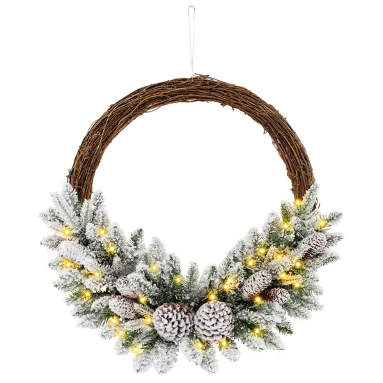 Pre-lit Snow Flocked Artificial Christmas Wreath with 8 Pine Cones and 35 LED Lights {1}