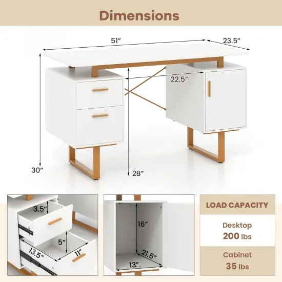 White 51 Inch Dual Drawer Computer Desk with Floating Desktop and X-Shaped Metal Frame {5}