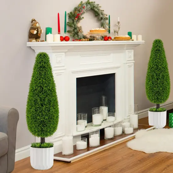 Green 2 Pack 35"H Artificial Cedar Teardrop Shaped Bush with Plastic Nursery Pot {2}