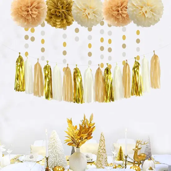 White Gold Champagne Party Decorations - 23pcs Tissue Pom Poms Streamers,Christmas Wedding Engagement Tassel Garland Banner,Bachelorette Neutral Birthday Baby Bridal Shower Decor Lasting Surprise {4}