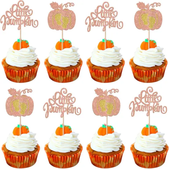 24 Pack Little Pumpkin Cupcake Toppers Glitter Pumpkin Cupcake Picks Thanksgiving {1}