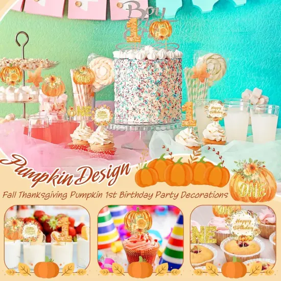 48 Pcs Pumpkin One Cupcake Toppers Pumpkin Baby shower Decorations 1st Birthday Cake {5}