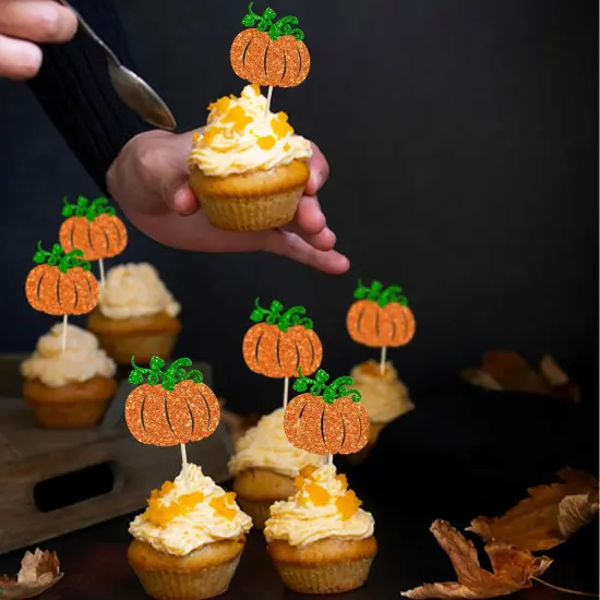 24Pcs Pumpkin Cupcake Toppers Glitter {4}
