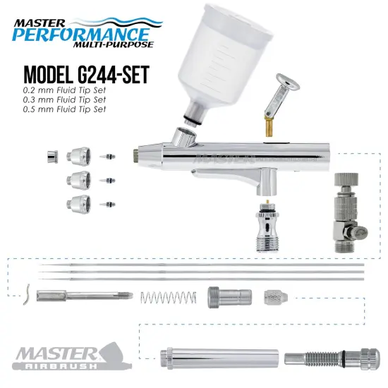 Master Performance G244 Pro Set Dual-Action Gravity Feed Airbrush Set with 3 Nozzle Sets (0.2, 0.3 & 0.5 mm) 3/4 & 1.5 oz Cups {3}