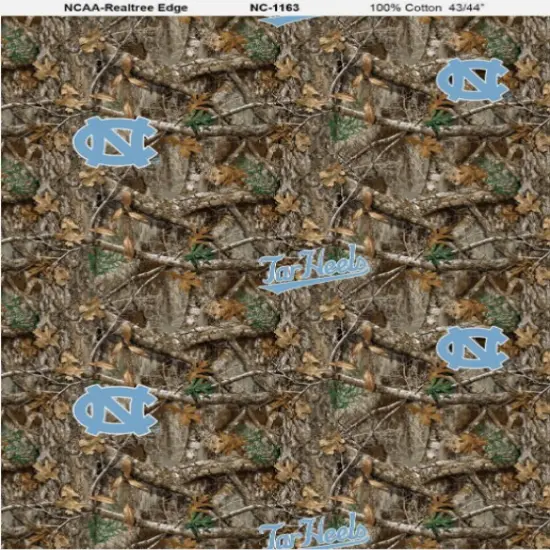 Licensed NCAA North Carolina Realtree Camo Cotton NC-1163 Cotton Fabric by the Yard {1}
