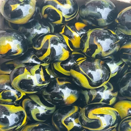 Lot of 10 Poison Dart Frog Black/Yellow Glass Marbles 25mm (1 inch) SHOOTER {2}