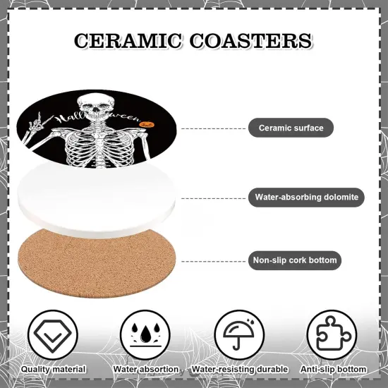 6Pcs Halloween Skeleton Coasters Spooky Skeleton Ceramic Coasters {3}