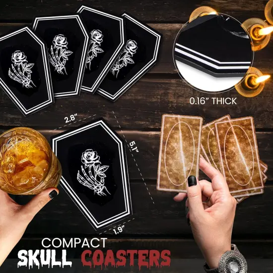 5 Piece Set Shiny Skeleton Rose Coffin Shaped Coasters {5}