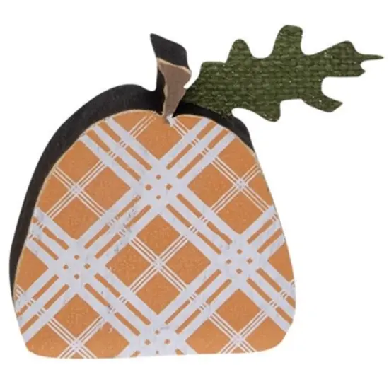 Set of 2 Wooden Plaid Pumpkins for Tabletop Fall Display Orange {3}